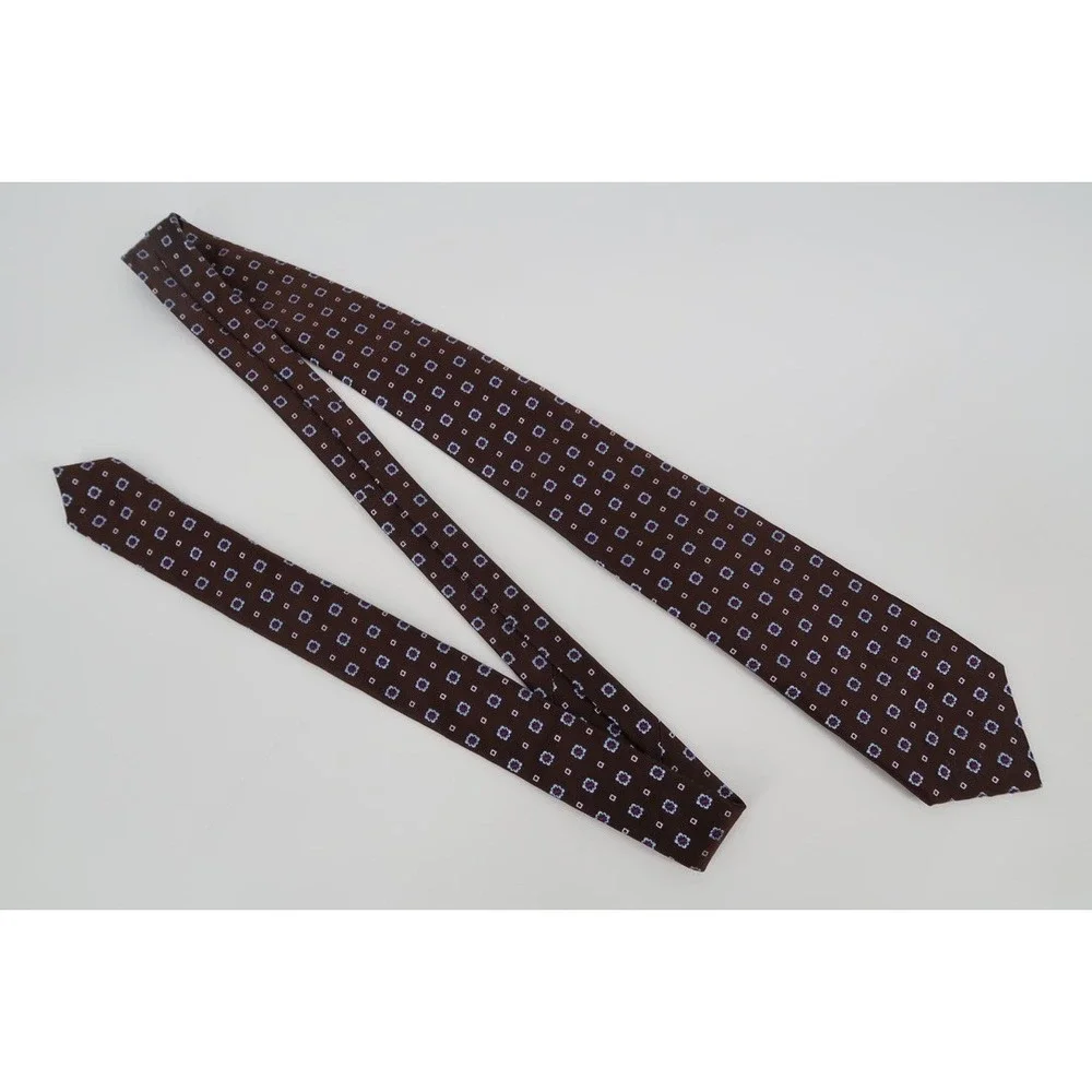 Isaia Napoli Silk Tie Mens OS Brown Blue Floral Geometric 7-Fold Handmade Italy - Picture 5 of 10